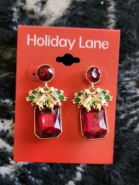 Holiday Lane Red & Gold Drop Earrings with Green Accent